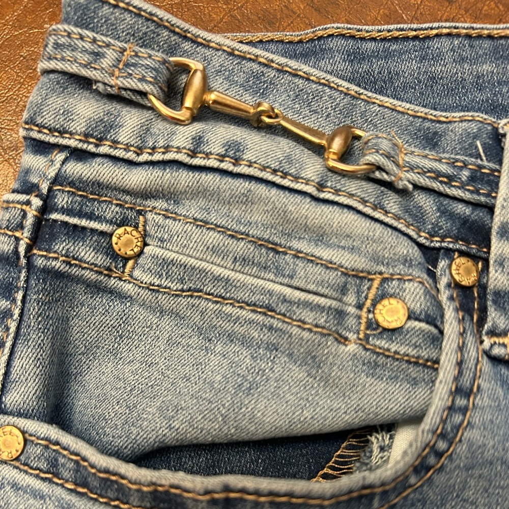 RACHEL Rachel Roy Blue Denim Jeans w Gold Tone Chain Accent at Waist Sz 8/29 EUC - Picture 4 of 12